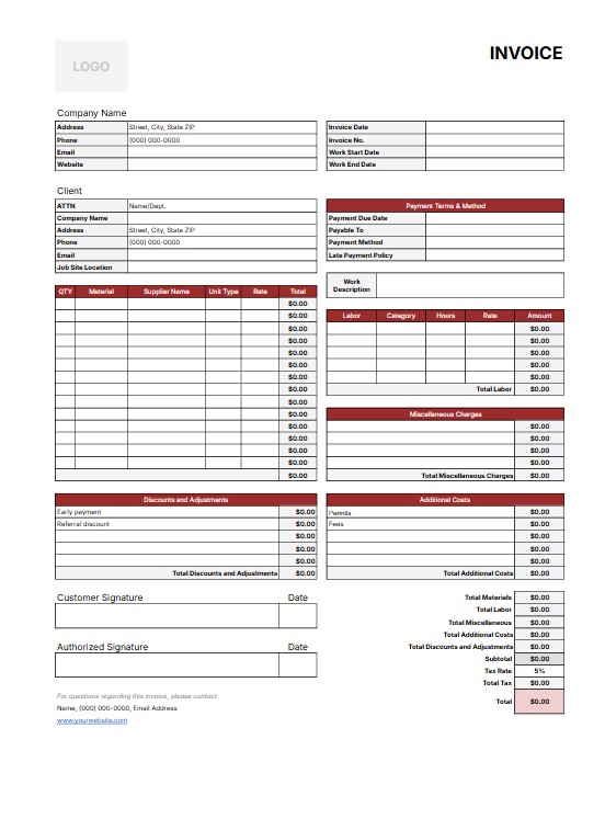Contractor Time and Materials Invoice Template for Easy Billing