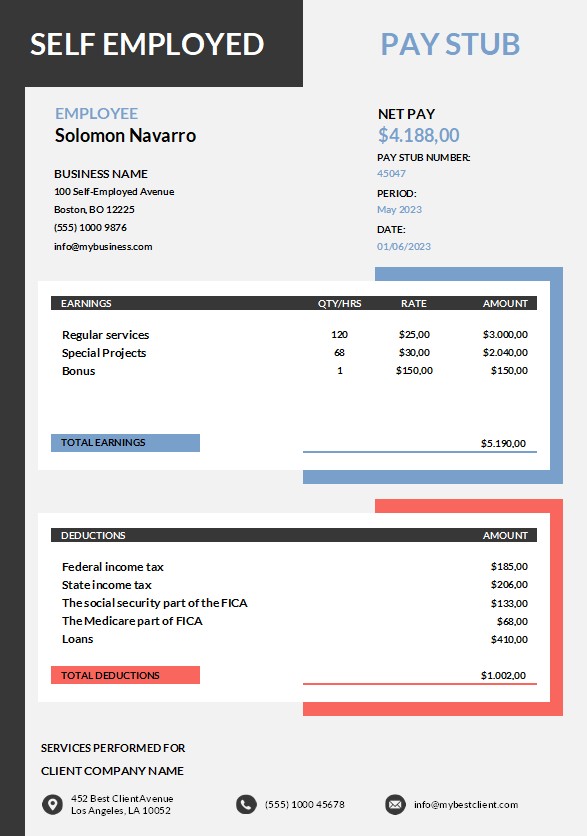 Self Employed Pay Stub Template for Freelancers & Contractors